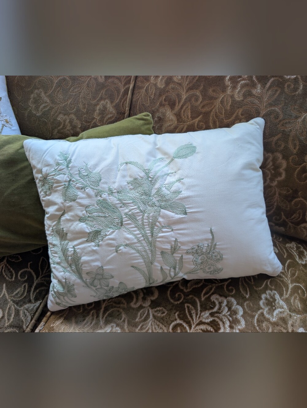 Laura Ashley Embroidered Green & Cream Accent  Pillow - Natalie Print